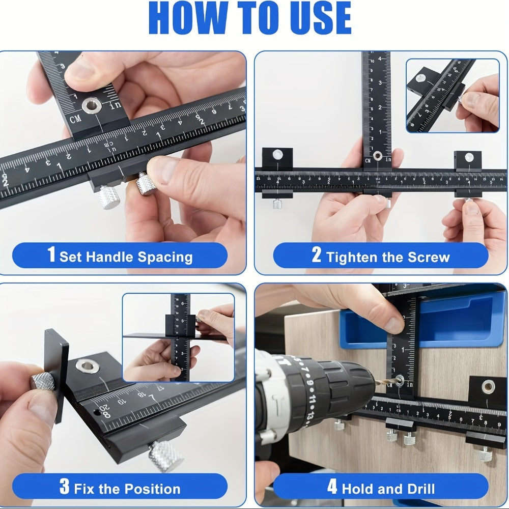 Adjustable Cabinet Hardware Drilling Jig with Aluminum Guide, Metric Scale and Handle-Pull Template Parts
