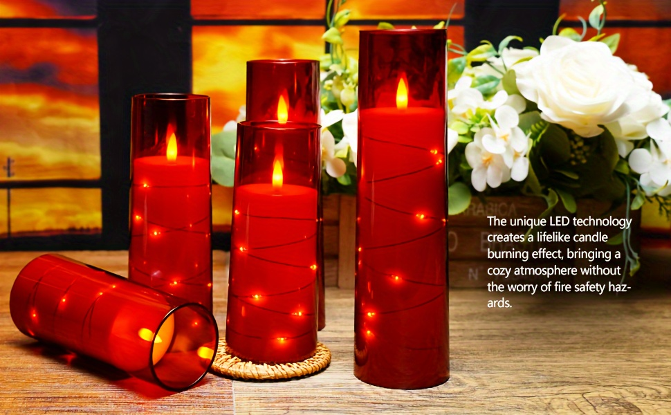 Flameless LED Candles with Remote Control Timer and Star String Lights Set of 5 or 7 Pillar Candles for Wedding Garden Home Decor Anniversary Gift Grey Ivory Gold Red