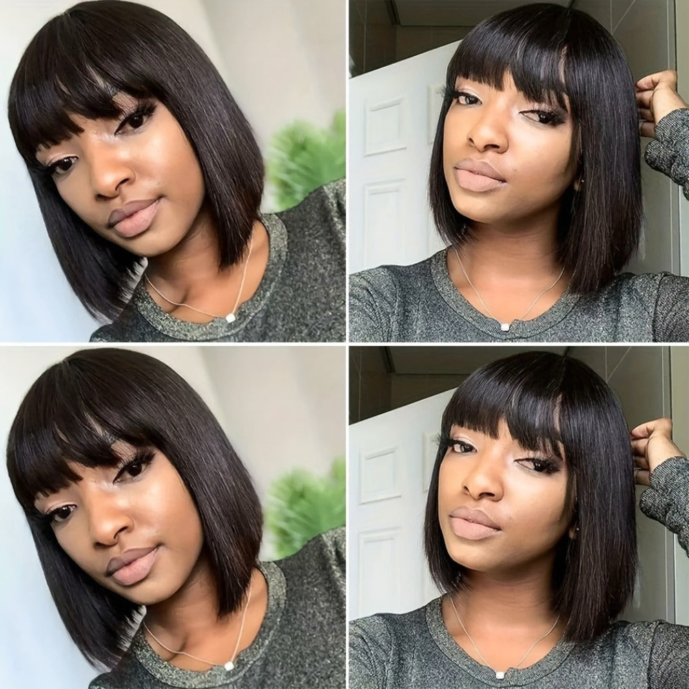 Brazilian Human Hair Bob Wig No Glue 200% Density Full Machine Made Straight with Bangs for Women | Natural Black 8 10 12 16 Inch | Glueless Beginner Friendly