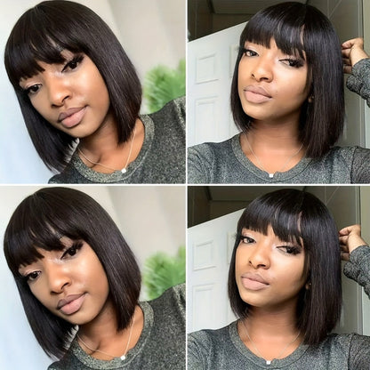 Brazilian Human Hair Bob Wig No Glue 200% Density Full Machine Made Straight with Bangs for Women | Natural Black 8 10 12 16 Inch | Glueless Beginner Friendly