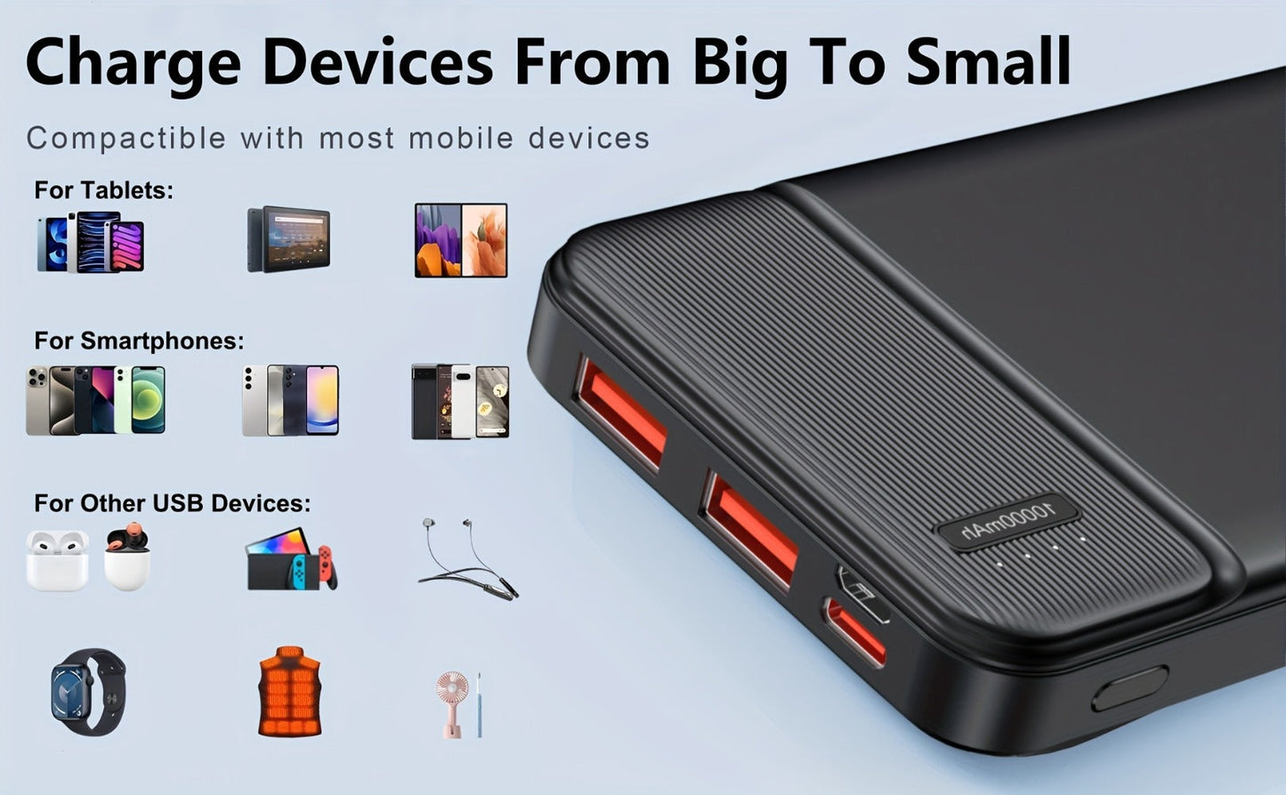 Power Bank 10000mAh 5V for Heated Clothing with PD 22.5W Charging in Black or White Battery Pack