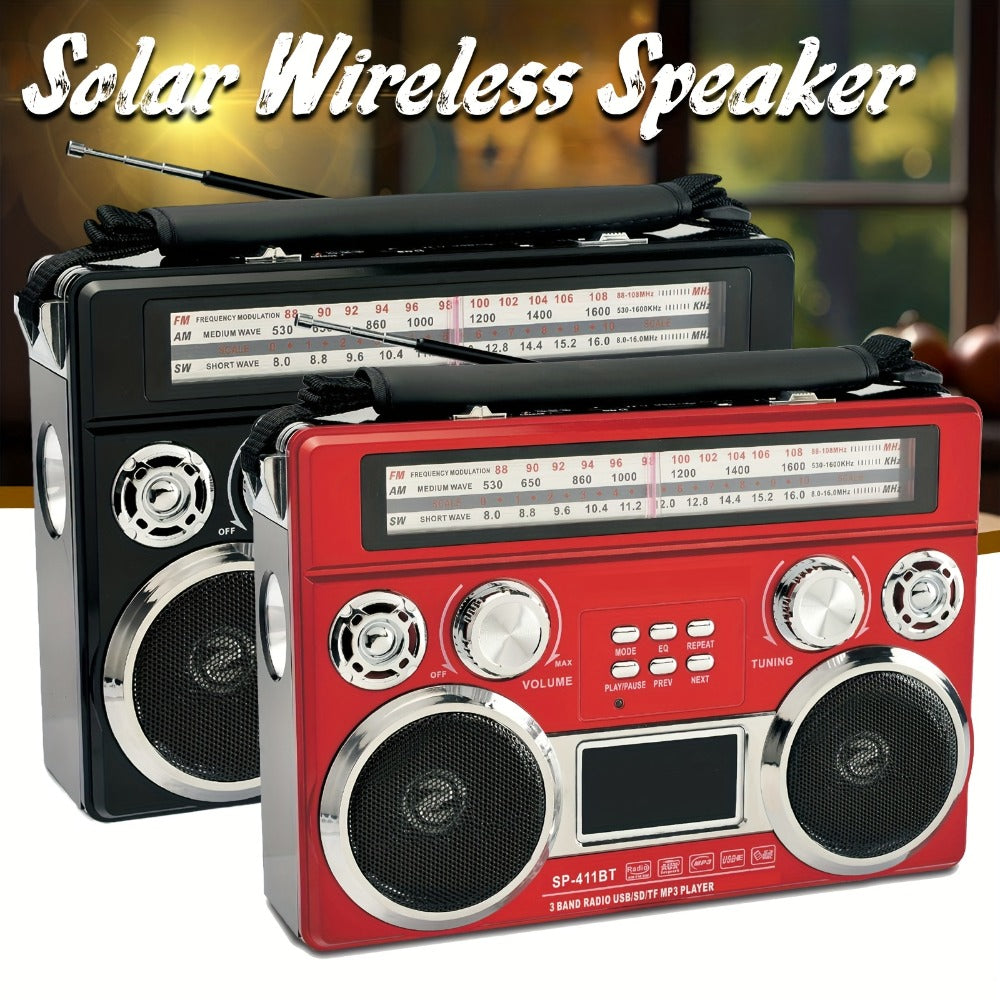 Solar Powered Bluetooth Radio Retro Portable AM FM SW with LED Flashlight, TF SD USB AUX MP3 Playback, Telescopic Antenna & Leather Handle for Camping Emergency Outdoor