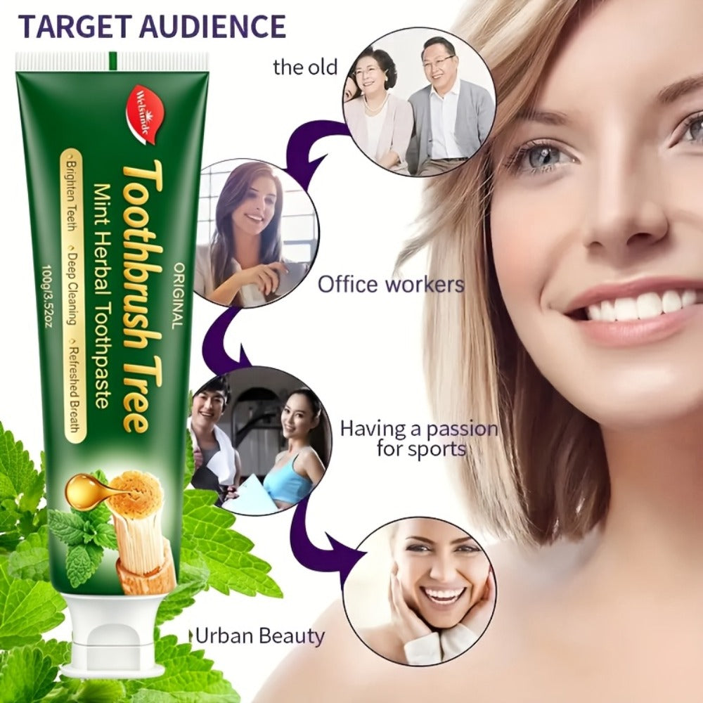 Three-Pack 100g Mint Toothpaste with Flip-Cap Tubes, Cartons and Toothbrush Tree Label Design