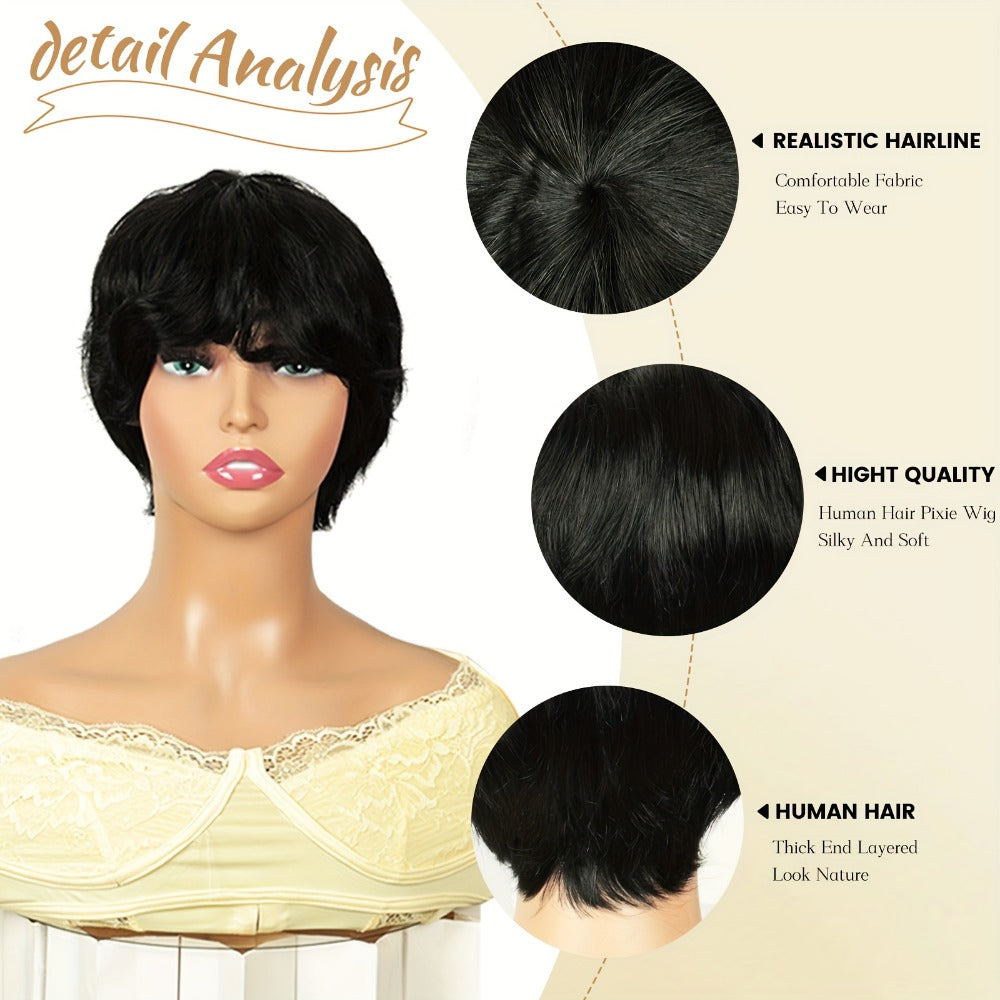 Pixie Bob Human Hair Wig with Bangs, Natural Black Full-Cap Hair Style and Short 8-Inch Length