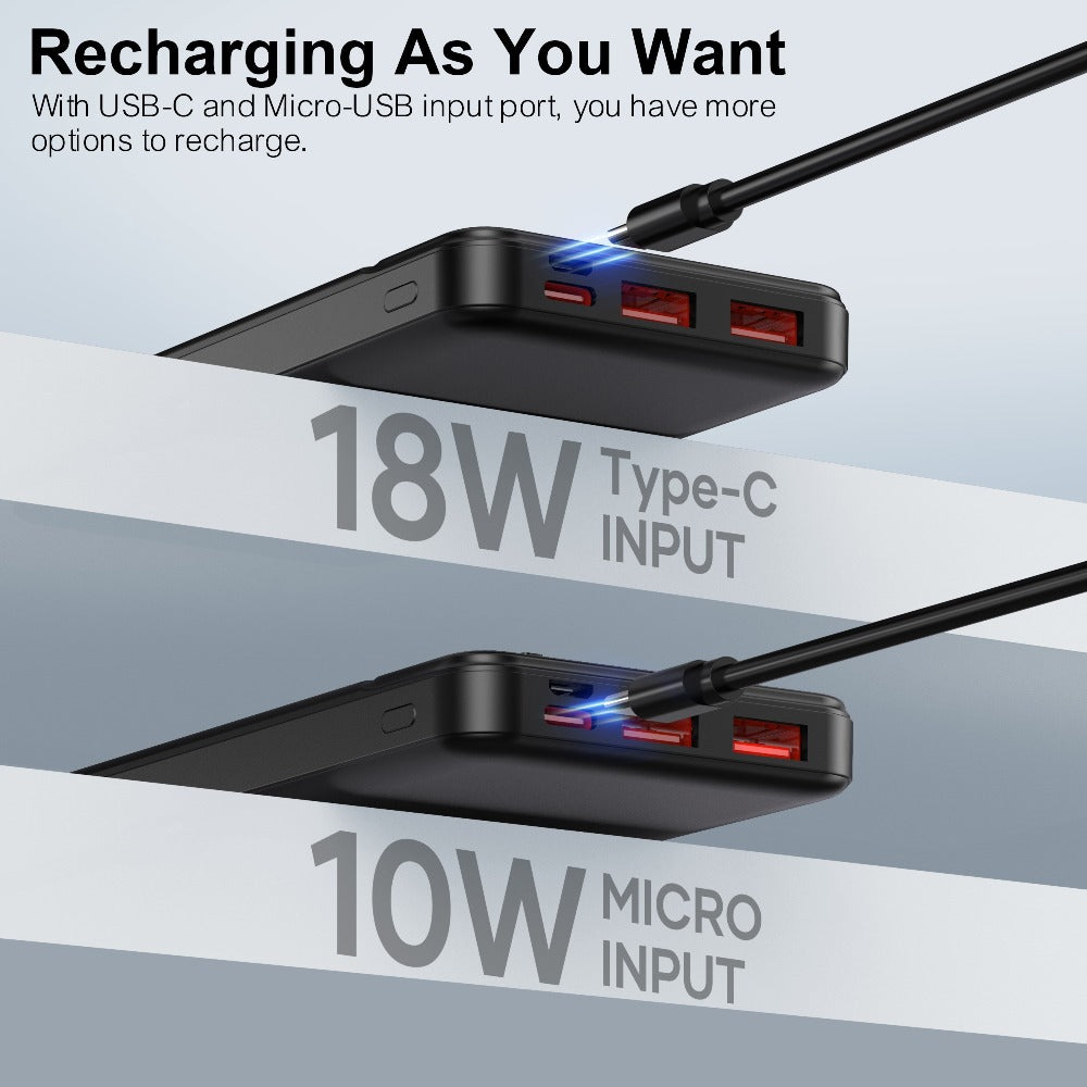 Power Bank 10000mAh Slim with 22.5W PD, 20W USB-C Input/Output and Dual USB-A Ports in Black or White