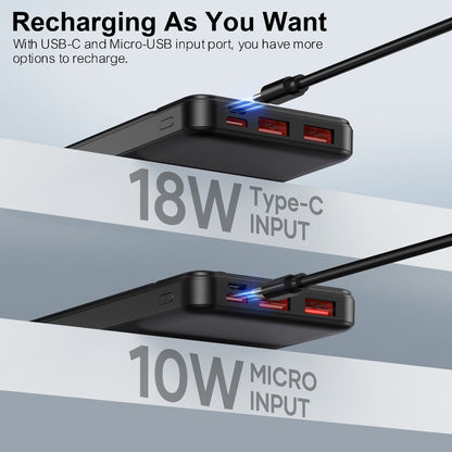 Power Bank 10000mAh Slim with 22.5W PD, 20W USB-C Input/Output and Dual USB-A Ports in Black or White