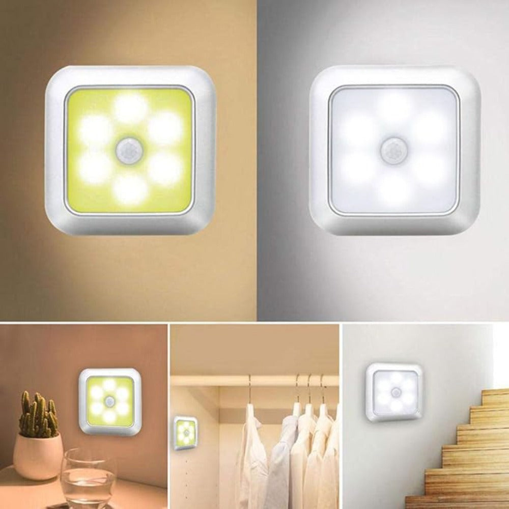 Four-Piece 8cm Square Battery Night Light Set with Motion Sensors and Cool-Light Checkout for Hallways