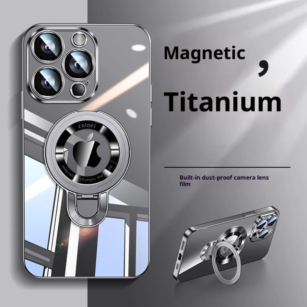 Magnetic U-Shield Stand iPhone Case for iPhone 17 Pro Max 16 16 Pro Max Electroplated PC Transparent Back Shockproof Full Coverage Protective Cover with Kickstand