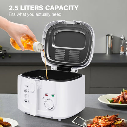 Electric Deep Fryer 1500W – 84.54oz Large Capacity, Adjustable Temperature Control, Non-Stick Basket, Viewing Window, Removable Lid, One-Touch Switch, Easy to Clean, Black & White Options