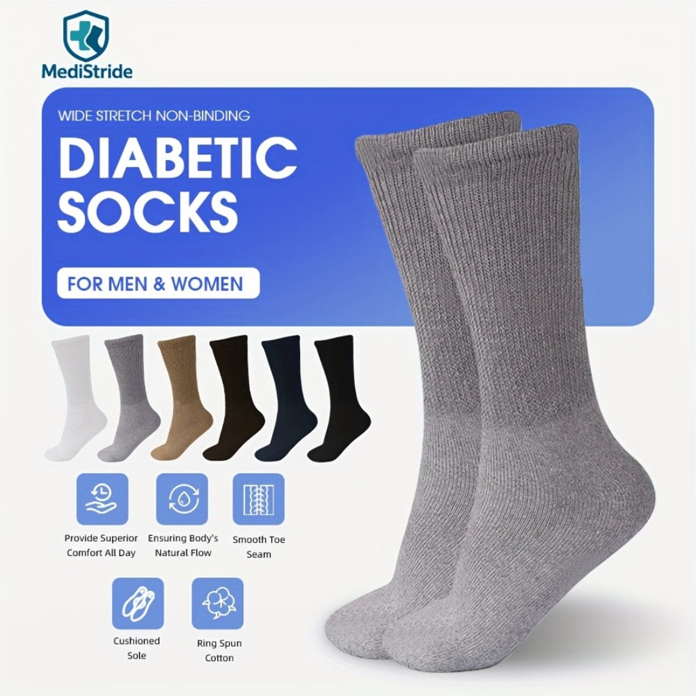 12-Pair Crew-Length Diabetic Sock Set in Six Colors with 9-11, 10-13 and 13-15 Size Options