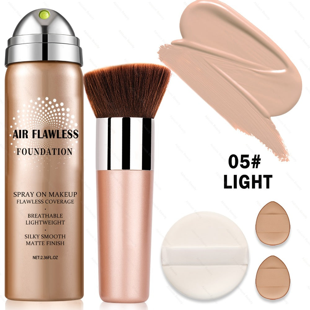 Spray Liquid Foundation and Flat-Top Brush Set with Matte Finish and Eight Numbered Shades