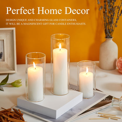 Pillar Candles with Clear Glass Hurricane Holders – Unscented White Cylinder Candles & Vases for Wedding Centerpieces, Party Tables, Home & Office Decor, Bulk Set 24 or 48 Pieces