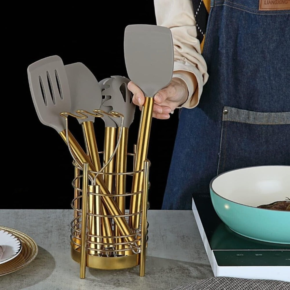 38-Piece Gold-Tone Silicone and Steel Kitchen Utensil Set with Holder, Measuring Tools and Accessories