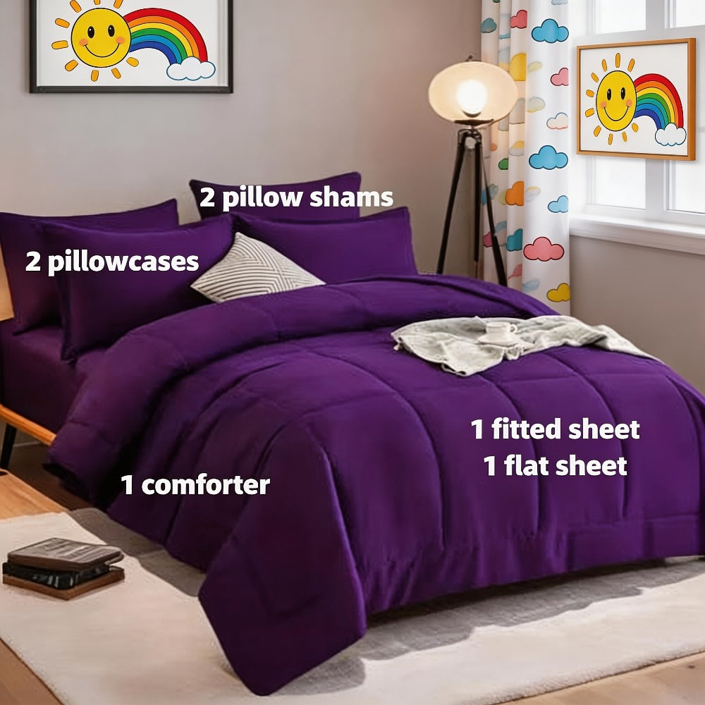 Seven-Piece Comforter Bed-in-a-Bag Set with Short-Plush Fabric, 12 Colors and Full, Queen or King Sizes
