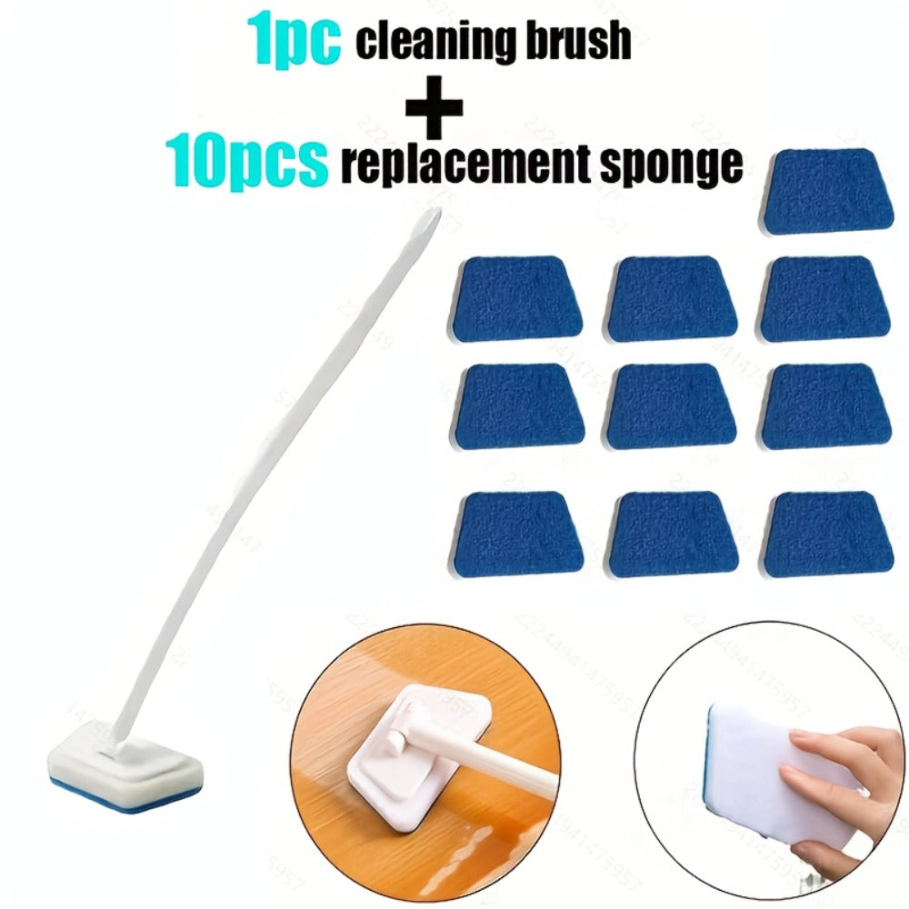 Long Handle Sponge Brush Set with Replaceable Heads for Kitchen Bathroom Tile Bathtub Cleaning – 1 Handle + 6/10/15 Brush Heads, Thickened Durable Scrubber