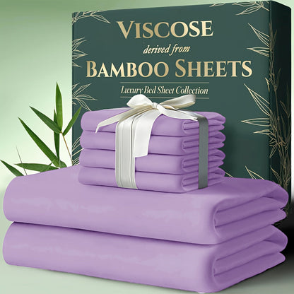Cooling Bamboo Bed Sheet Set 6pcs Ultra Soft Deep Pocket 17 Inch Double Stitching Breathable Sheets for Hot Sleepers Twin Full Queen King