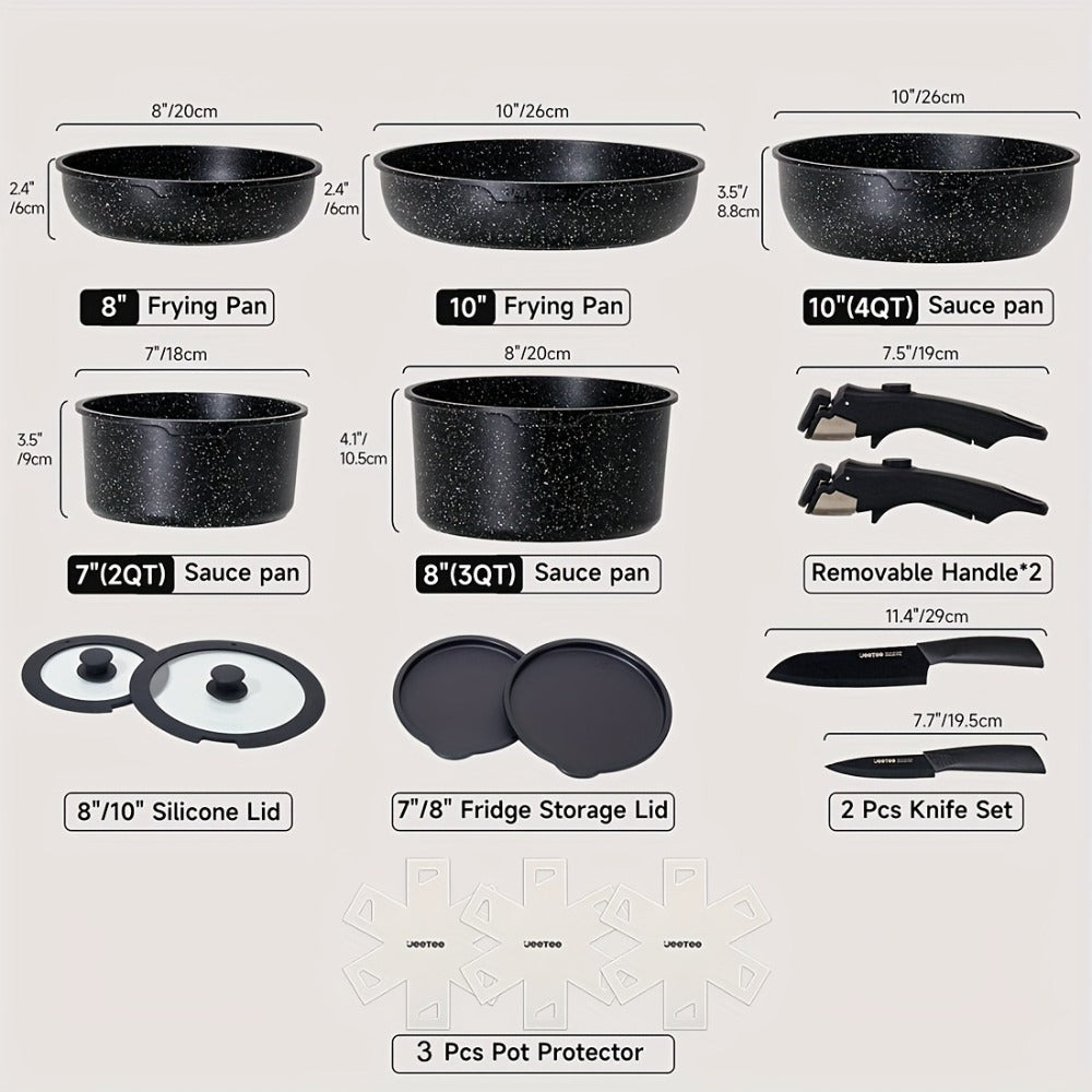 Detachable Handle Cookware Set 16 & 26 Piece Non-Stick PFOA-Free – Stackable Space-Saving Pots and Pans | Oven Safe 480°F Induction Compatible | RV Camping Kitchen Cooking Set in Black & Beige
