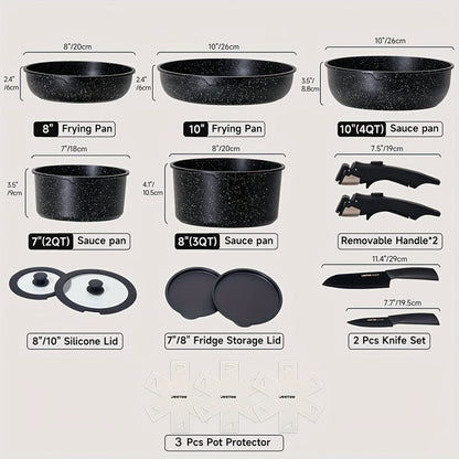 Detachable Handle Cookware Set 16 & 26 Piece Non-Stick PFOA-Free – Stackable Space-Saving Pots and Pans | Oven Safe 480°F Induction Compatible | RV Camping Kitchen Cooking Set in Black & Beige