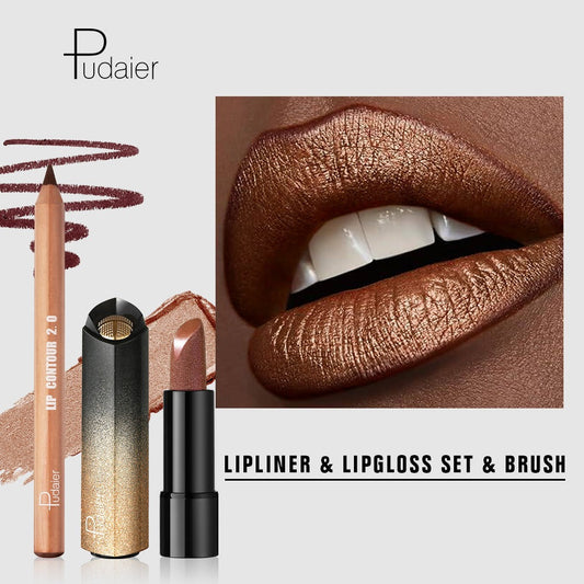 Golden Lipstick Set with Lip Liner Pencil 2 Piece — Brown Shimmer Lipstick and Nude Lip Liner, Viral Fall Makeup Kit Luxury Press Gold Lip Color for Women, Perfect Beauty Gift