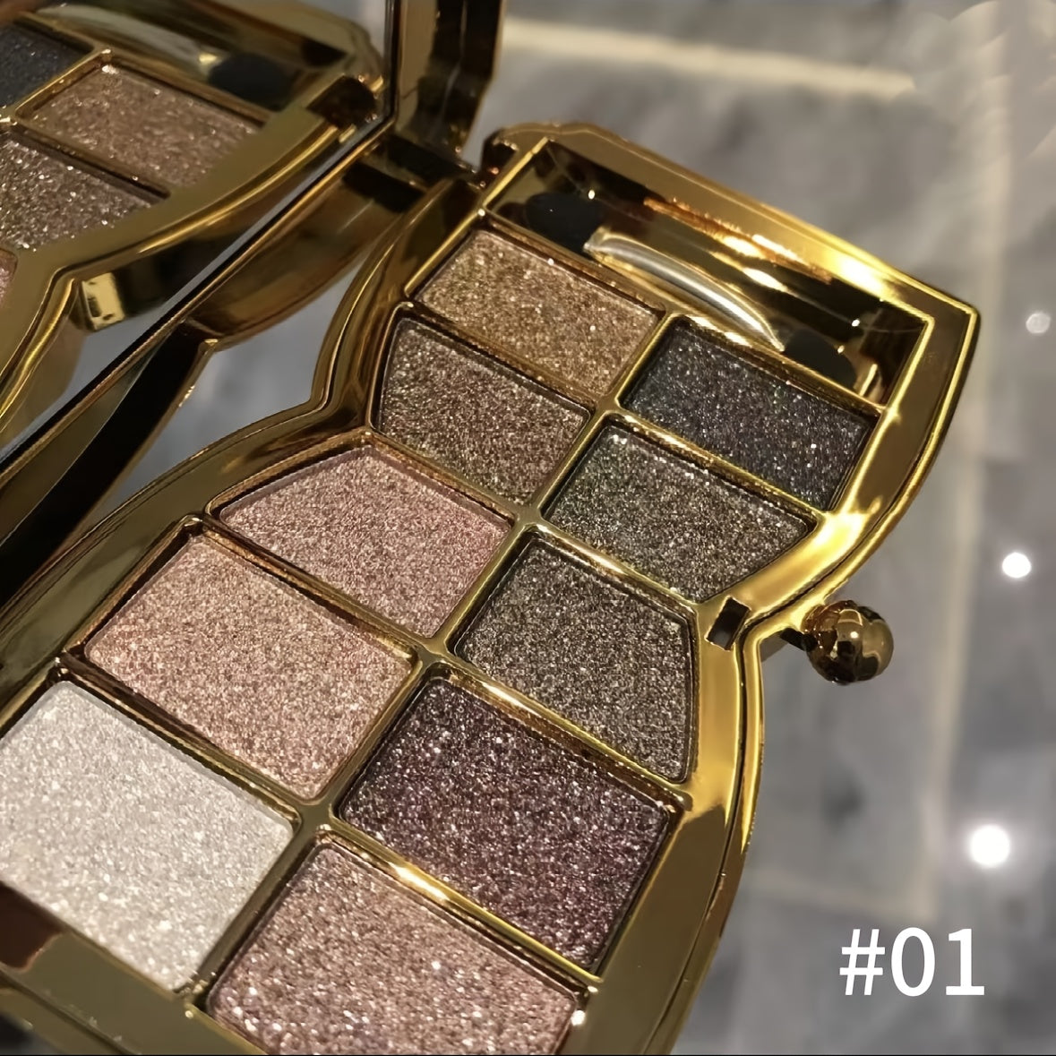 Eyeshadow Palette 10-Shade Gold Bow Compact with Mirror, Dual-Ended Applicator and Three Color Options