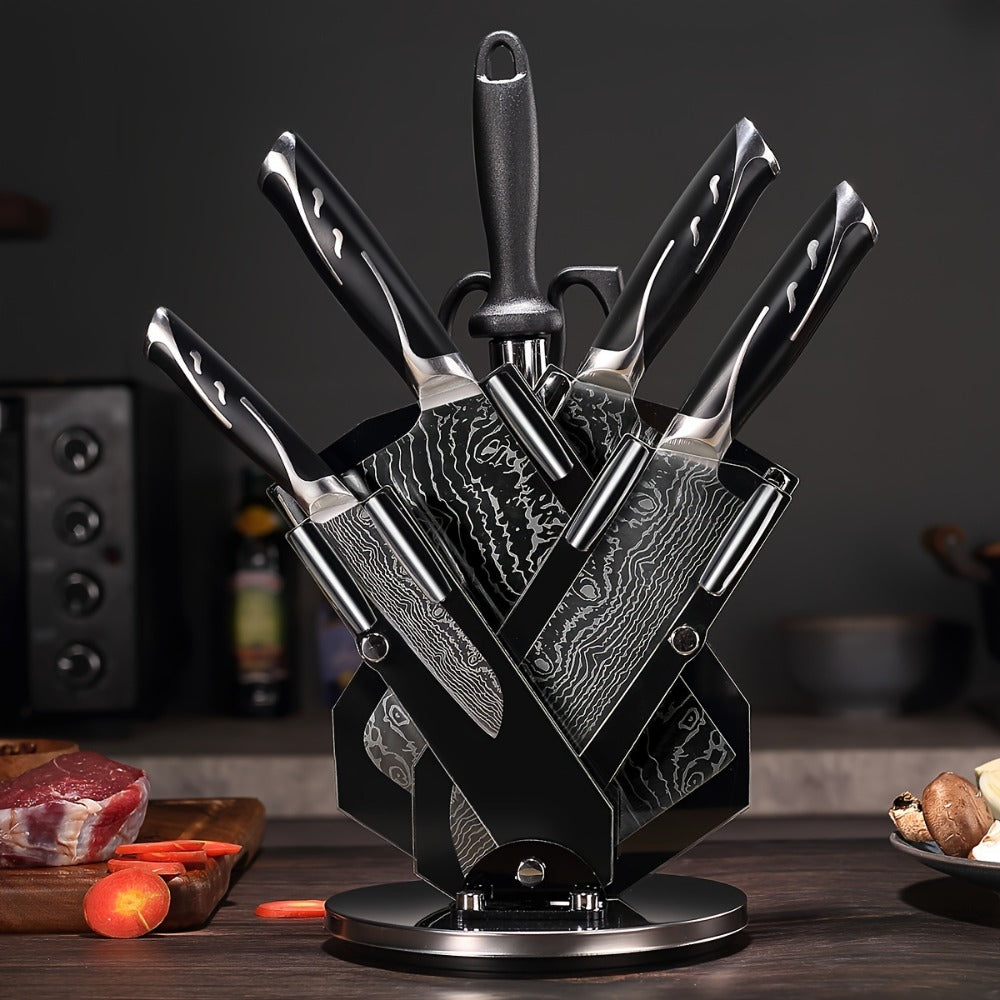 Kitchen Knife Set 7-Piece Damascus Pattern Stainless Steel with Universal Knife Block Holder – Chef Knife, Fruit Knife & Safety Knives Included, Non-Slip Handle