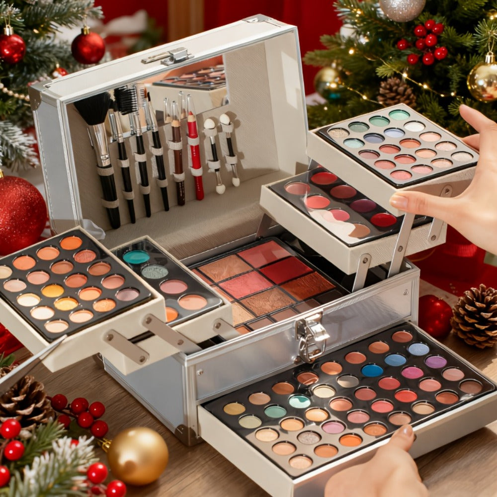 Silvery Makeup Kit Gift Box with Mirror Lipstick Eyeshadow & Blush – Multi-Functional Portable Complete Beauty Cosmetic Set for Teens Beginners Women Multiple Shades