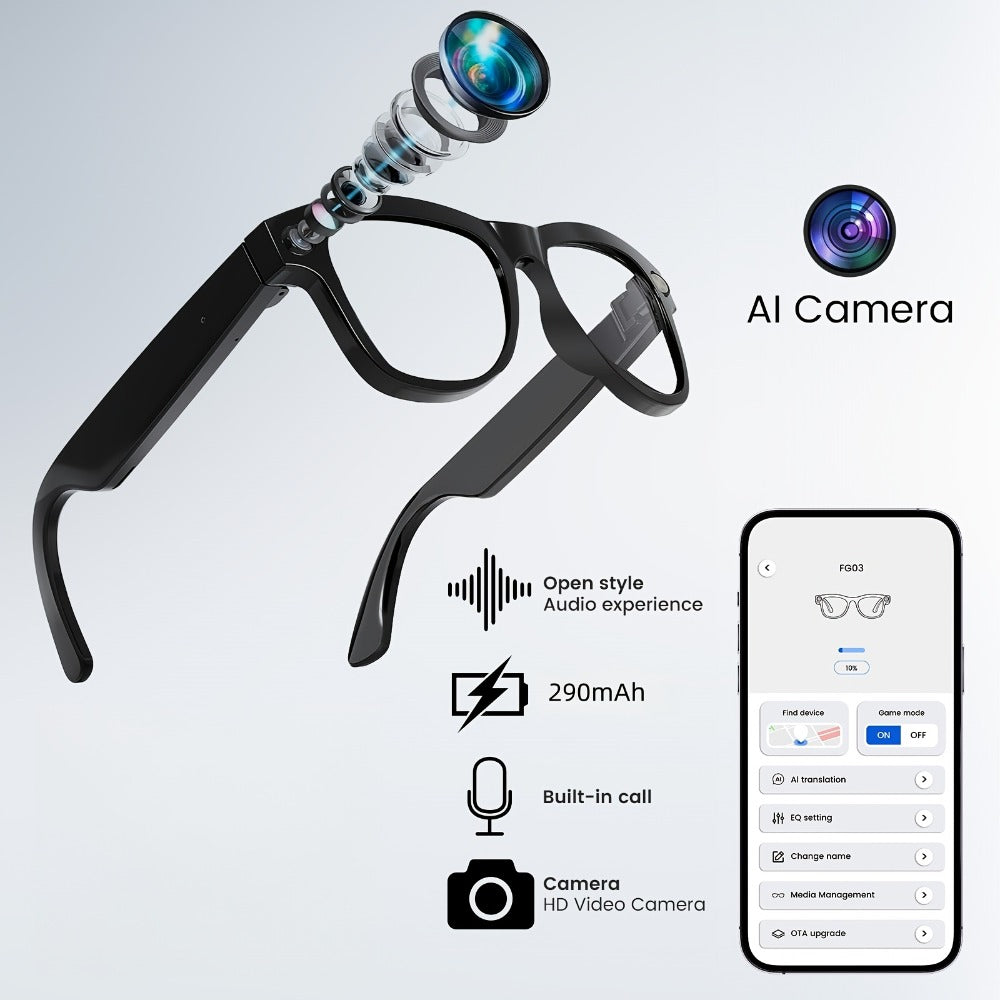 Smart Glasses Dual-Lens POV Camera Eyewear with Open-Ear Audio, Touch Control and Clear or Tinted Lenses