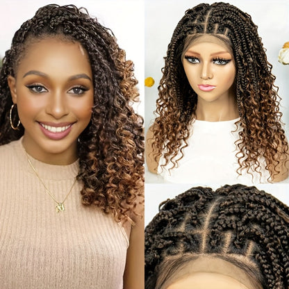 Goddess Braided Wig Knotless Bohemian Square Braid Full Lace Curly Wave 14-16 Inch Black Burgundy Brown Natural Hairline Protective Style Synthetic Wig for Women