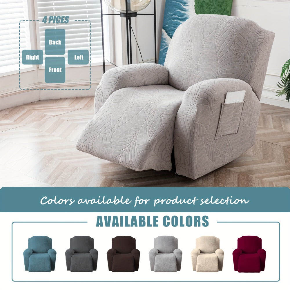 Four-Piece Recliner Chair Cover Set with Leaf Jacquard Pattern, Side Pocket and Six Color Options