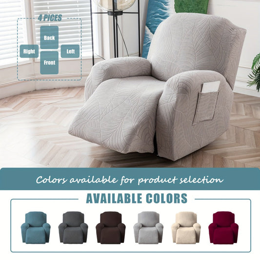 Recliner Chair Cover Slipcover 4-Piece Set – Leaf Jacquard Stretch Furniture Protector with Storage Pocket, Non-Slip Recliner Sofa Cover for Living Room, Machine Washable, 6 Colors Available