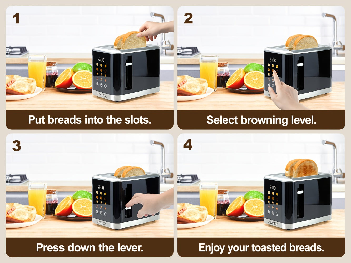 Black Two-Slice Toaster with LED Touch Panel, Six Bread Modes, Six Shade Settings and Removable Crumb Tray