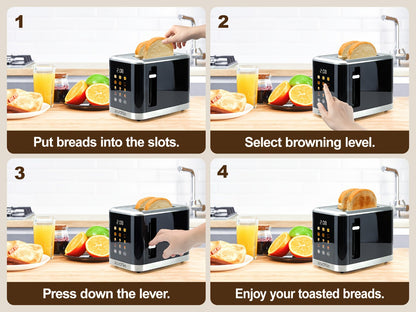 Black Two-Slice Toaster with LED Touch Panel, Six Bread Modes, Six Shade Settings and Removable Crumb Tray