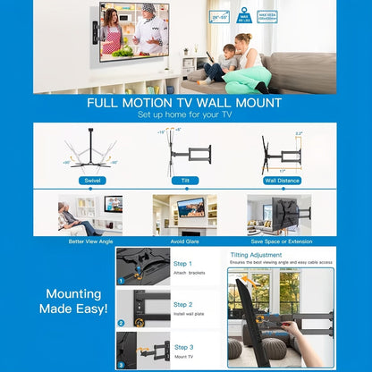 Slim Low Profile TV Wall Mount 26-57 Inch 66 lbs – Full Motion Articulating Dual Arms Swivel Tilt Extend, VESA Compatible, Easy Installation, Black Bracket for Small Mid-Size Flat Screen TVs