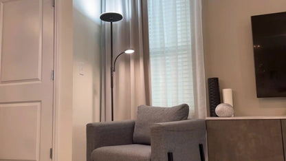 Dual-Head Torchiere Floor Lamp with 27W Main Light, 7W Reading Arm, Four Color Temperature Modes and Remote or Touch Control