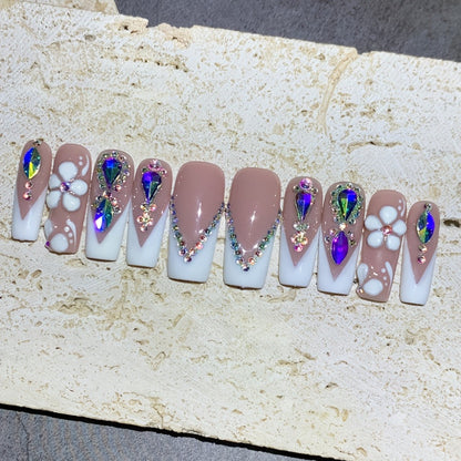 Press On Nails 10-Piece Square French-Tip Set with Nude White Gloss, AB Rhinestones and Floral Design