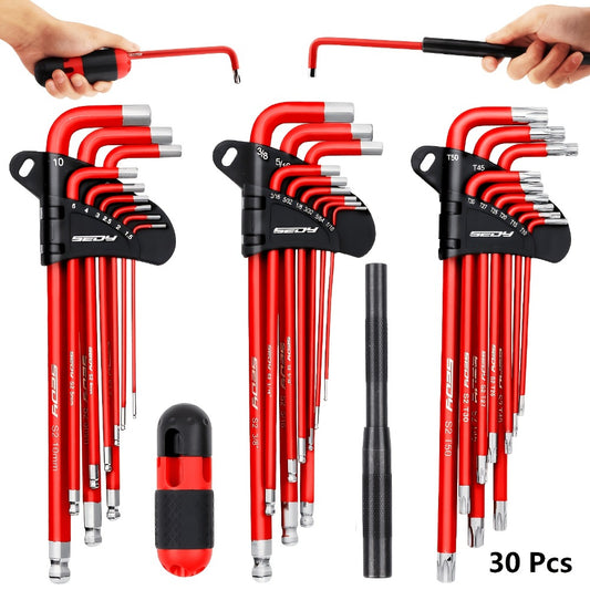 Hex Key & Torx Wrench Set 30-Piece – Long Arm Ball End Allen Wrenches with T-Handle & Extension Bar | SAE, Metric & Torx T10–T50 | Chrome Vanadium Steel