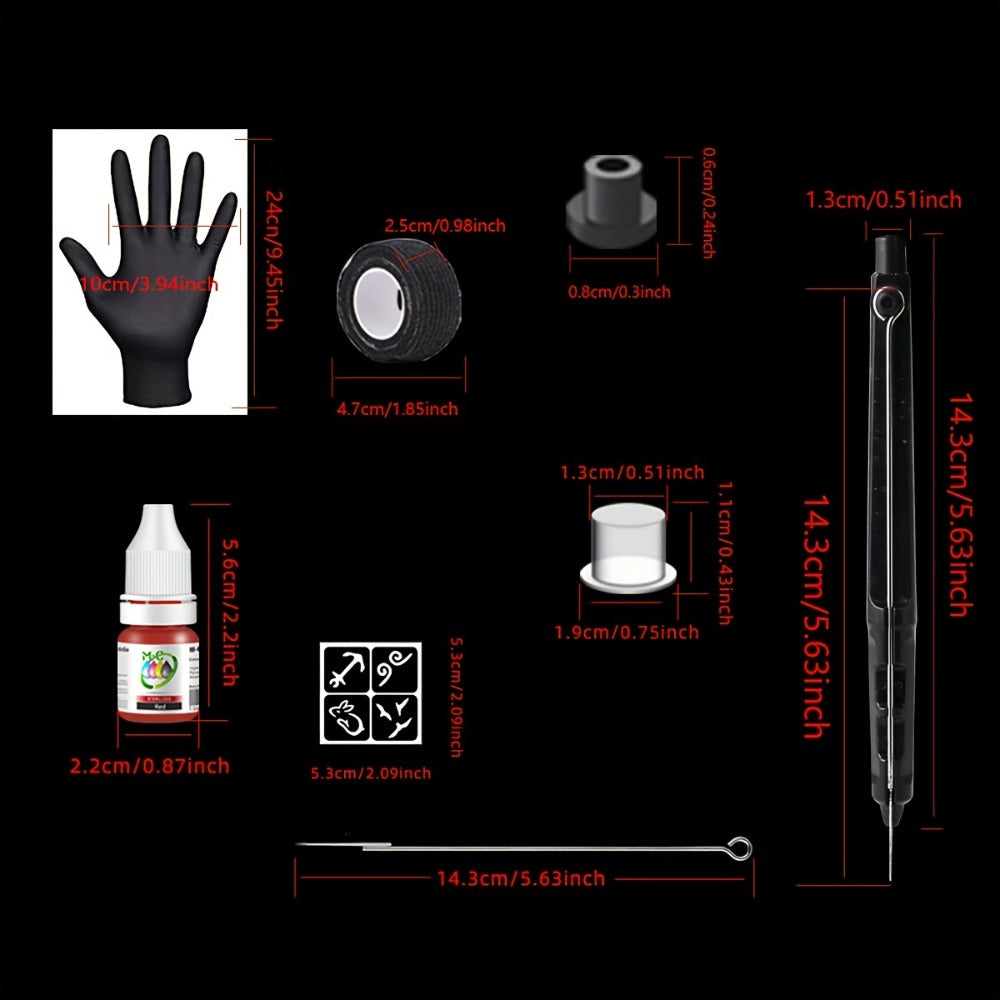 Manual Hand-Poke Tattoo Kit A02-3 with 14.3cm Pen Holder, Five Needles, Two Bottles and Transfer Accessories
