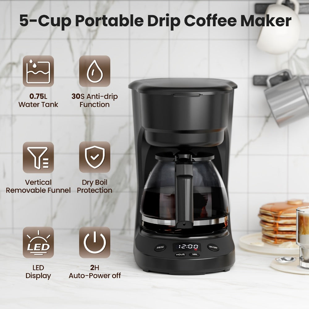 Five-Cup Programmable Drip Coffee Maker with 0.75 L Tank, LED Display and Two-Hour Keep-Warm Mode