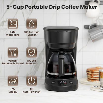 Five-Cup Programmable Drip Coffee Maker with 0.75 L Tank, LED Display and Two-Hour Keep-Warm Mode