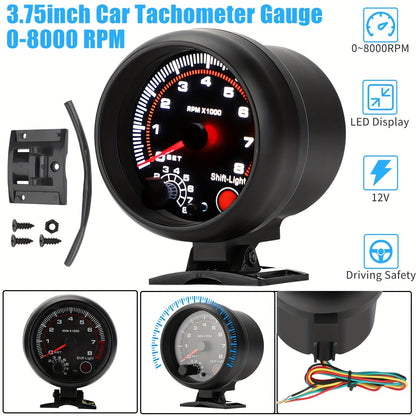 Car Tachometer Gauge 12V 0-8000 RPM 3.75 Inch - LED Shift Light, ABS Black Dial for 4 6 8 Cylinder Petrol Engines, Universal Fit with Accessories Kit