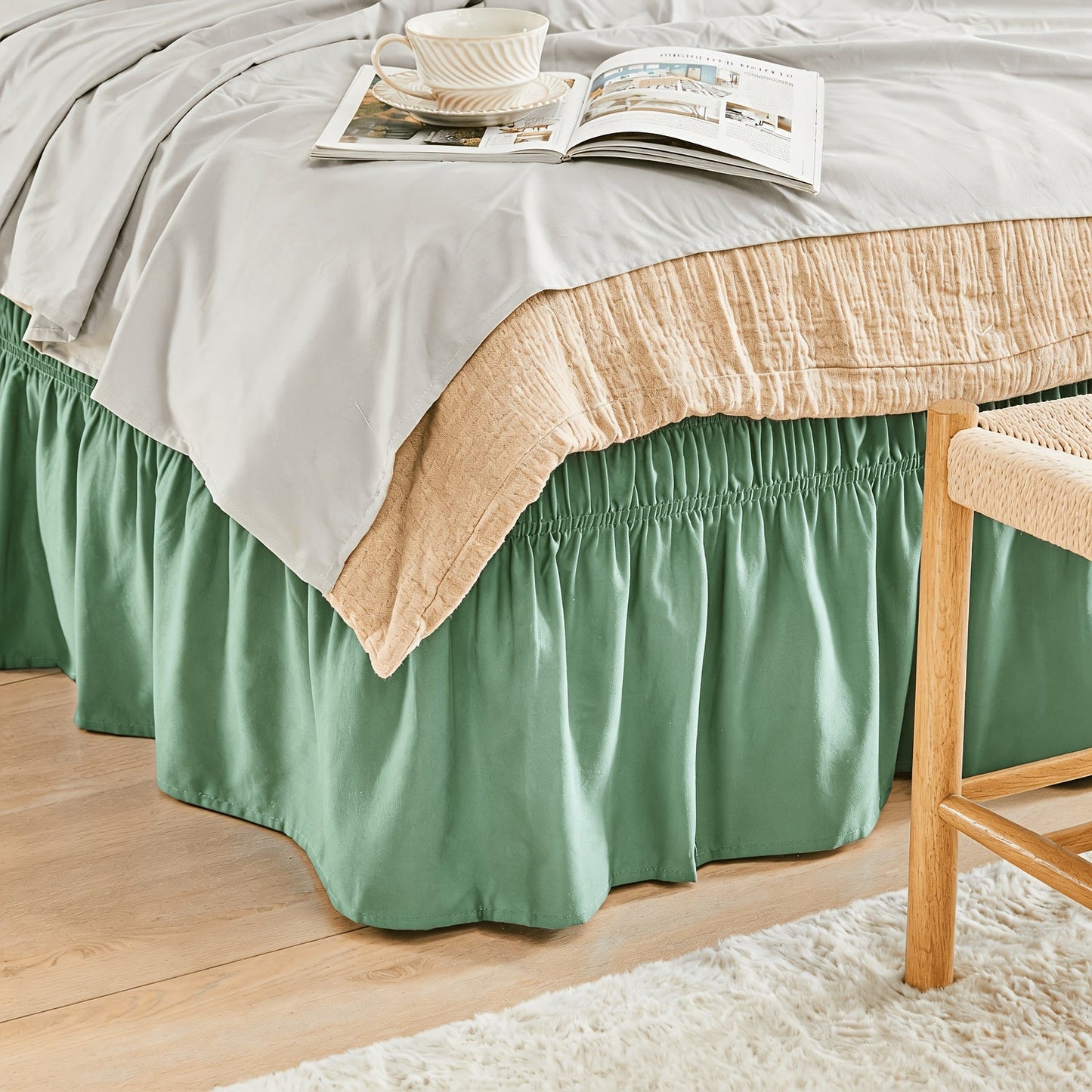 Bed Skirt Elastic Wrap Around Ruffle - 15 Inch Drop Microfiber Dust Ruffle, Adjustable No-Lift Fit, Fade Resistant Machine Washable, Hotel Quality Bedskirt for Twin Full Queen King, 30 Colors