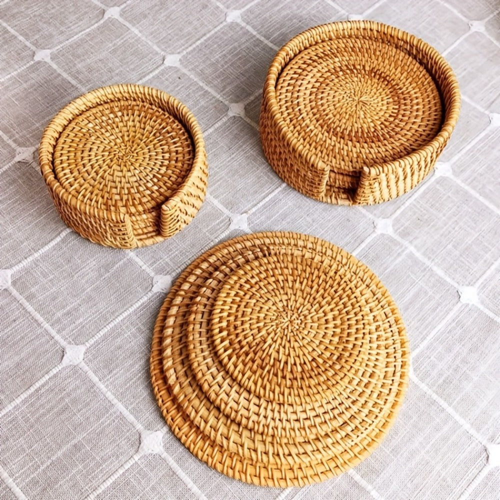 Six-Piece Round Rattan Woven Coaster Set, 3.93-Inch Drink Mats in Natural Khaki for Tabletop Display