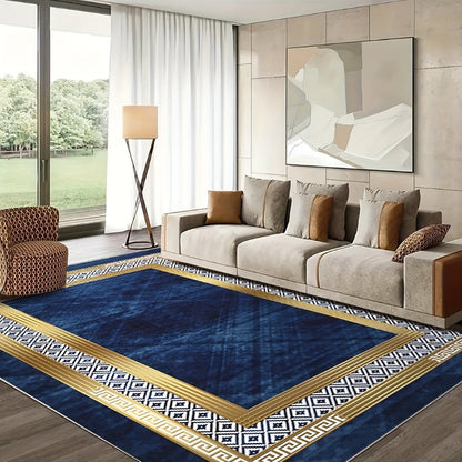Navy Blue and Gold Geometric Area Rug with Four Exact Rectangular Size Options for Living Spaces