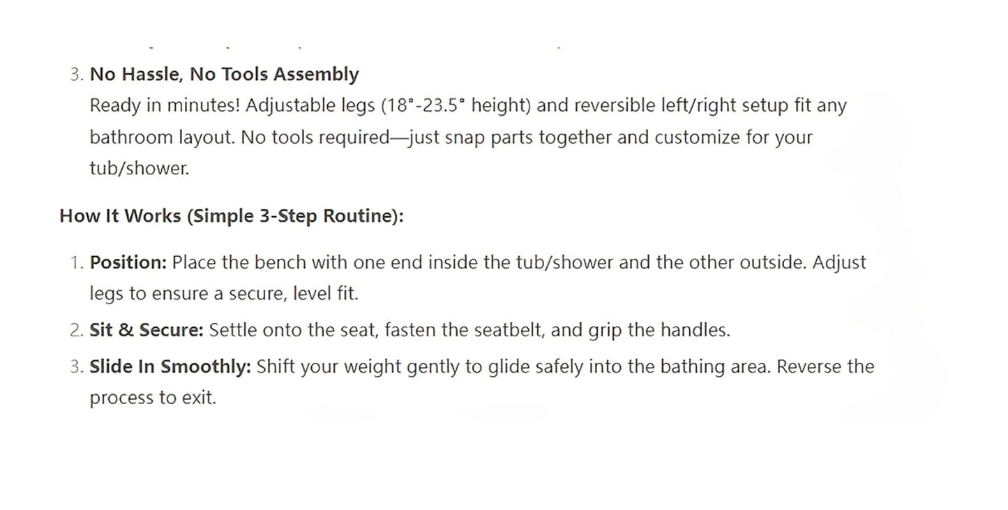 Sliding Bathtub Transfer Bench with Reversible Grey Seat, Safety Rail, Backrest and Adjustable Legs