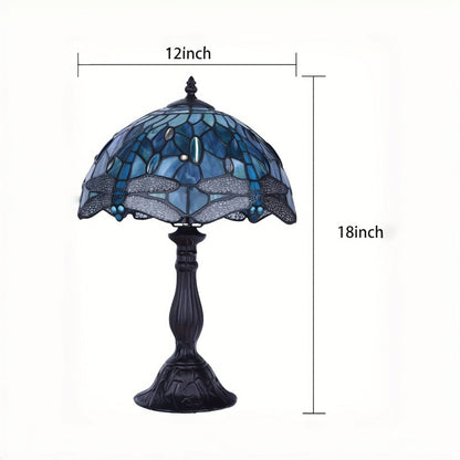 Table Lamp with Dragonfly-Motif Stained Glass Shade, 18-Inch Metal Base and Single Corded Tiffany-Style Design