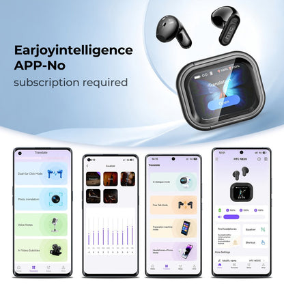 AI Translation Earphones Real-Time 134 Languages TWS Wireless Bluetooth Earbuds HTC NE20 HD Screen Touch Control High Fidelity Sound Long Battery Life for Travel Business Daily Wear