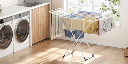 White Four-Wing Folding Clothes Drying Rack with X-Frame, Freestanding Laundry Bars and 55.1 x 37.8-Inch Layout