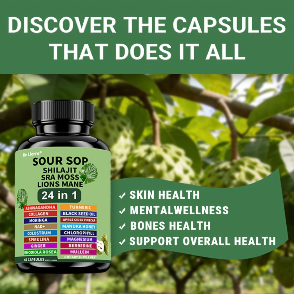 Dietary Supplement Sea Moss 24-in-1 Capsules with Soursop, Lion’s Mane and Shilajit, One or Two Bottles