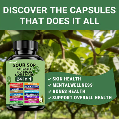 Dietary Supplement Sea Moss 24-in-1 Capsules with Soursop, Lion’s Mane and Shilajit, One or Two Bottles