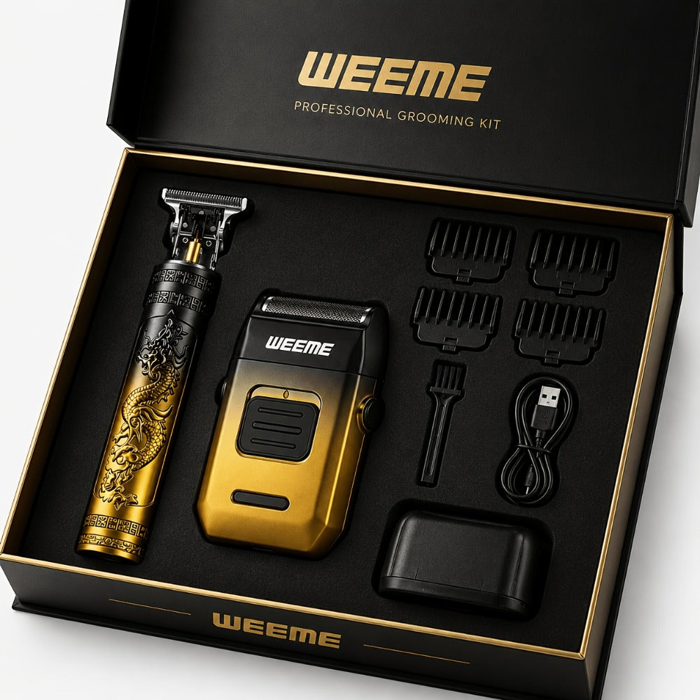 4-Piece Grooming Kit for Men USB Rechargeable Electric Shaver Beard Trimmer Nose Hair Trimmer Hair Clipper System with 8 Guide Combs Gradient Golden Gift for Dad Boyfriend Husband Holiday Travel